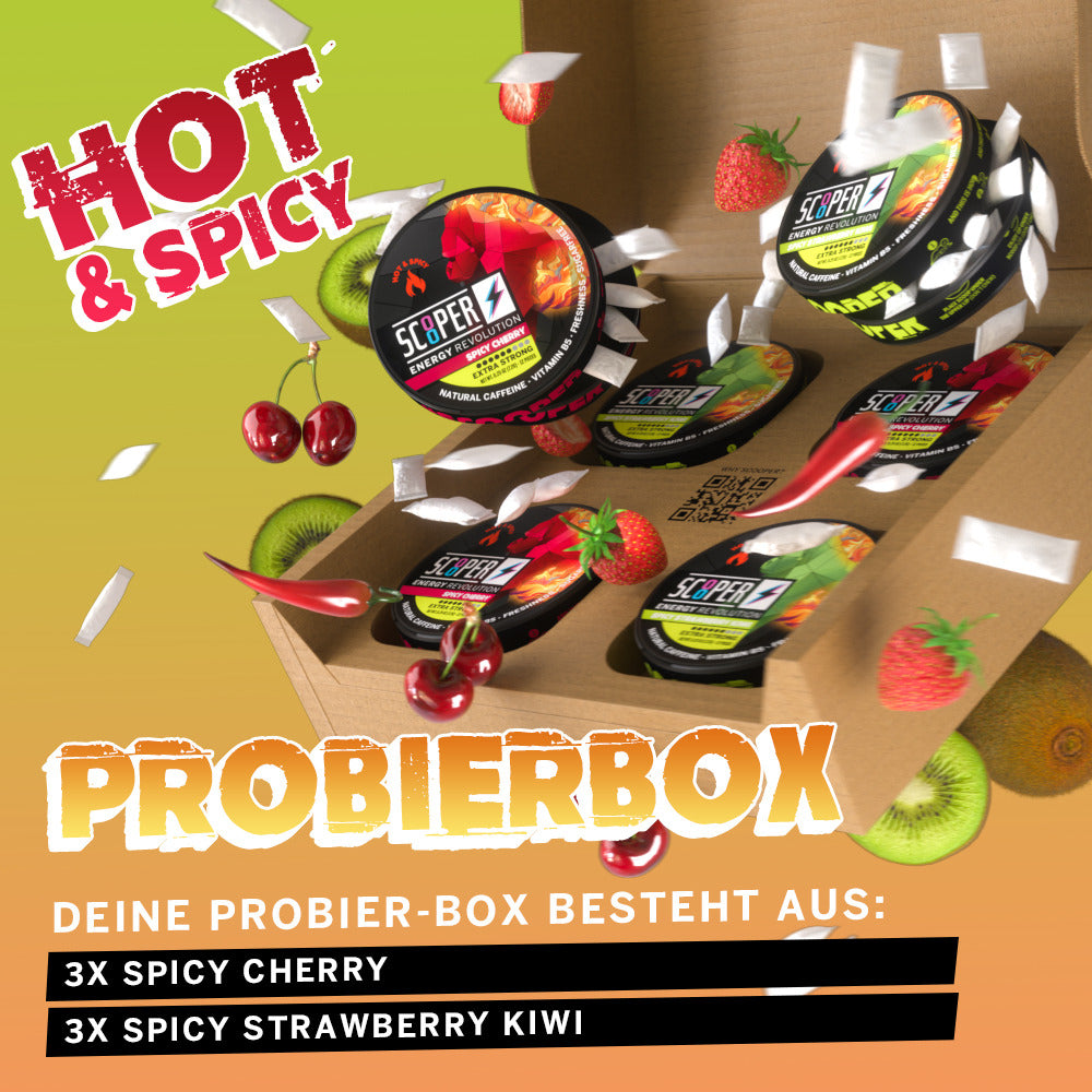 Probierbox Hot&Spicy mit jeweils 3 Dosen Spicy Cherry und 3 Dosen Spicy Strawberry Kiwi mit Kirschen, Kiwis, Erdbeeren, Chilis und Energy Pouches.