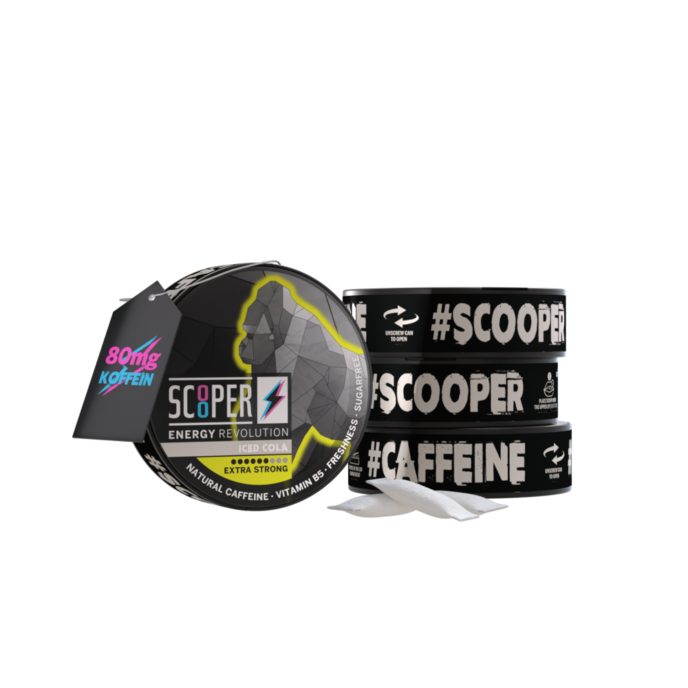 SCOOPER Energy 4 Dosen Iced Cola mit Energy Pouches und 80mg Koffein Anhänger.