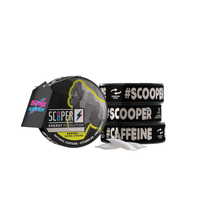 SCOOPER Energy 4 Dosen Iced Cola mit Energy Pouches und 80mg Koffein Anhänger.