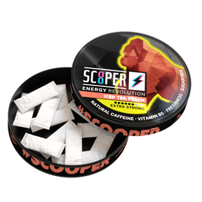 SCOOPER Energy Iced Tea Peach Dose, geöffnet mit 12 sichtbaren Energy Pouches. Auf der Dose ist ein orangener Gorilla abgebildet.