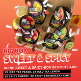 Scooper Energy Sweet and Spicy Box mit jeweils 2 Dosen Iced Tea Peach, 2 Dosen Iced Tea Lemon, 2 Dosen Spicy Cherry und 2 Dosen Spicy Strawberry Kiwi.