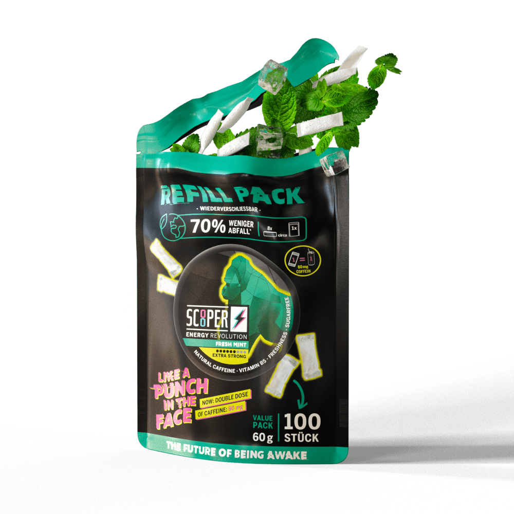 SCOOPER Energy Refill Pack Fresh Mint mit Energy Pouches, Minzblättern und Eiswürfeln.