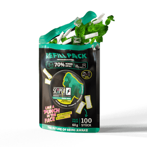 SCOOPER Energy Refill Pack Fresh Mint mit Energy Pouches, Minzblättern und Eiswürfeln.