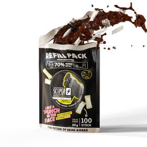 SCOOPER Energy Refill Pack Iced Cola mit Energy Pouches, Cola und Eiswürfeln.