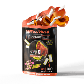 SCOOPER Energy Refill Pack Iced Tea Peach mit Energy Pouches, Pfirsichen und Eiswürfeln.