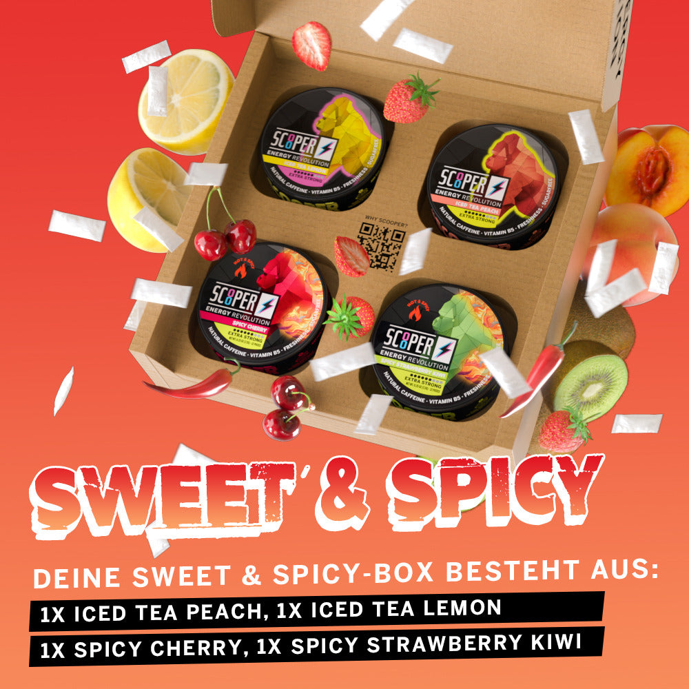 SCOOPER Energy Sweet and Spicy Box mit jeweils einer Dose Spicy Cherry, Spicy Strawberry Kiwi, Iced Tea Peach und Iced Tea Lemon.