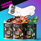 3 SCOOPER Energy Refill Packs in den Sorten Fresh Mint, Iced Cola und Iced Tea Peach und gratis SCOOPERGANG Socken. 