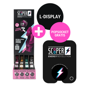 SCOOPER Energy Display in L-Form miz 4 Sorten und einem Popsocket mit SCOOPER Blitz gratis. 