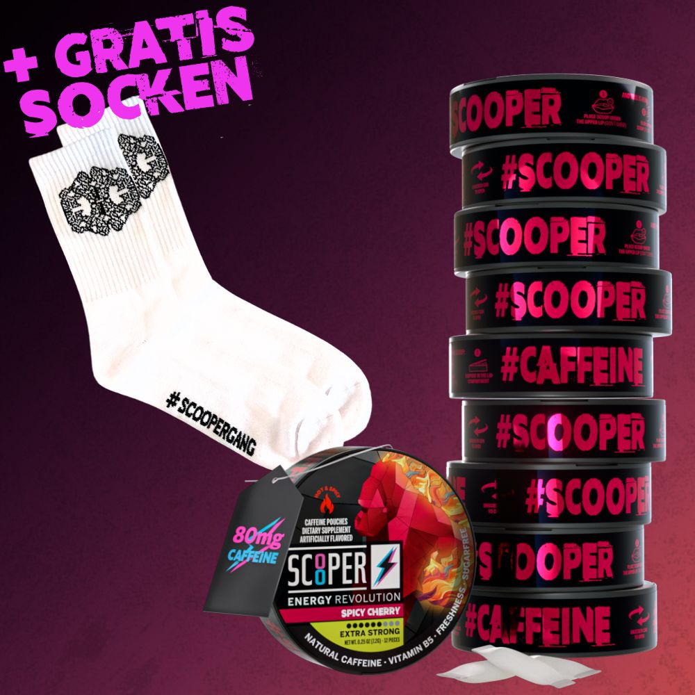 10er Stapel Scooper Energy pouches Spicy Strawberry Flavor - Weiße Tennissocken mit Kong Motiv - Gratis Socken