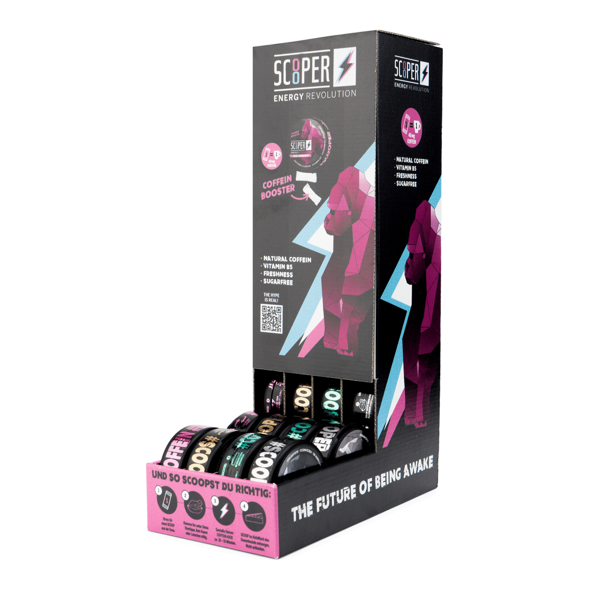 SCOOPER Energy L Display in der seitlichen Ansicht mit 4 Sorten.