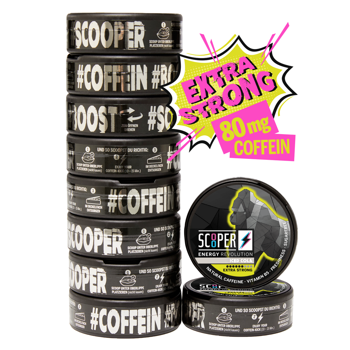 10 Dosen SCOOPER Energy Iced Cola Energy Pouches in Extra Strong mit 80mg Koffein.