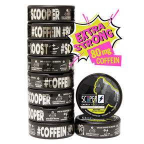 10 Dosen SCOOPER Energy Iced Cola Energy Pouches in Extra Strong mit 80mg Koffein.