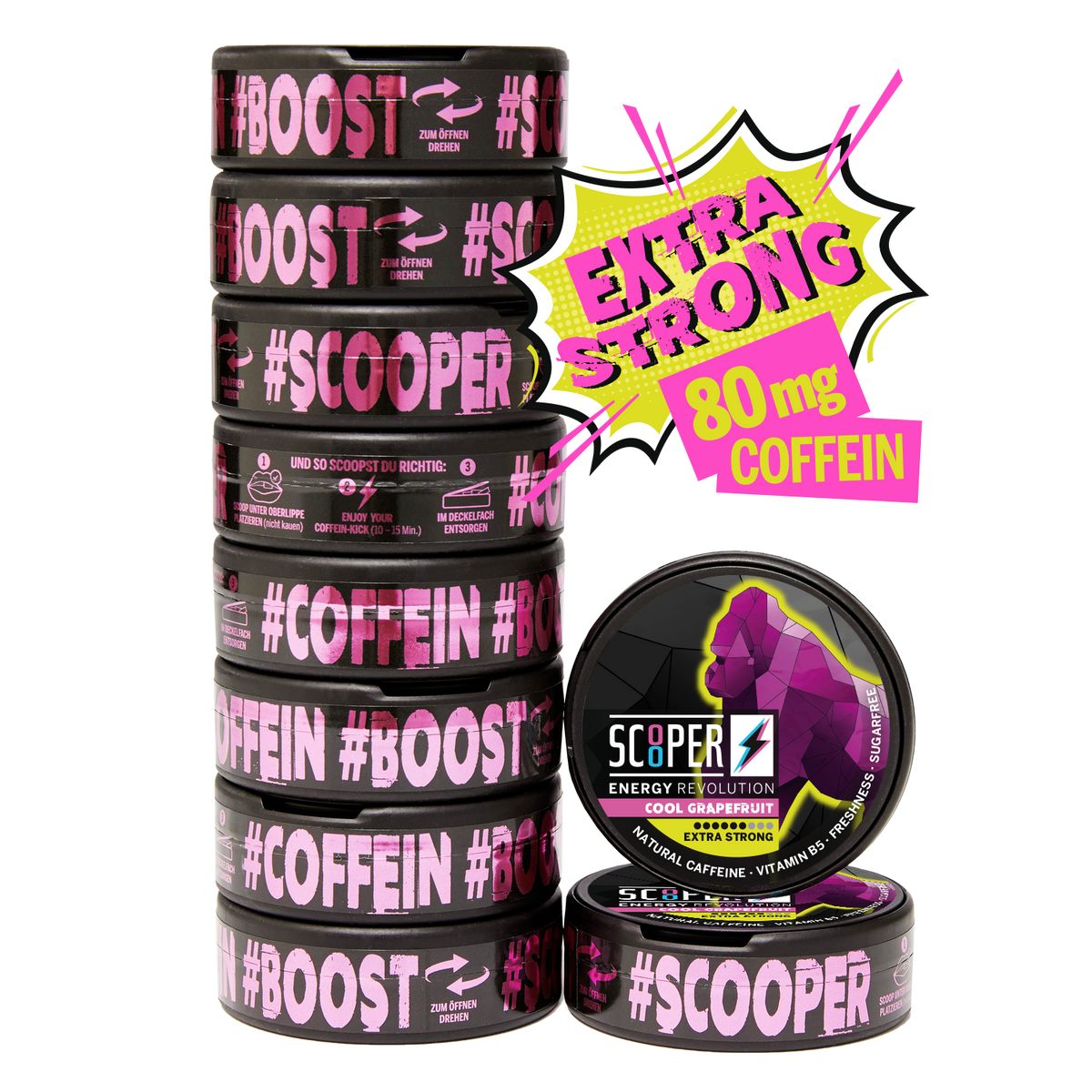 10 Dosen SCOOPER Energy Cool Grapefruit Energy Pouches in Extra Strong mit 80mg Koffein.