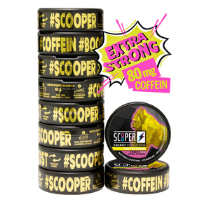 10 Dosen SCOOPER Energy Iced Tea Lemon Energy Pouches in Extra Strong mit 80mg Koffein.