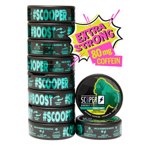 10 Dosen SCOOPER Energy Fresh Minr Energy Pouches in Extra Strong mit 80mg Koffein.