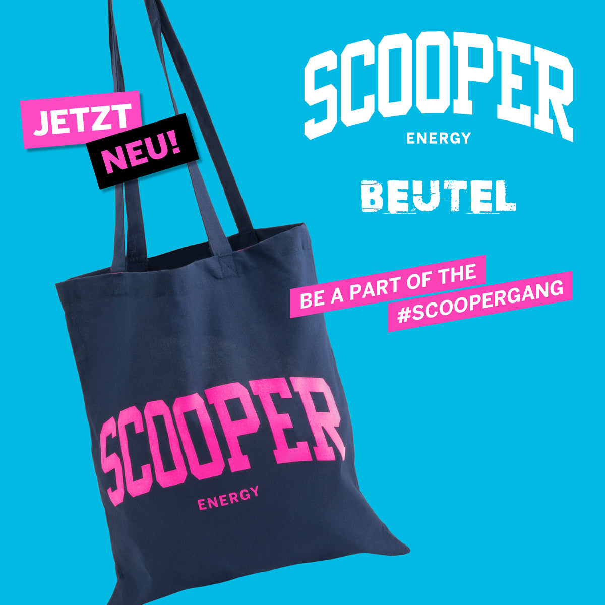 SCOOPER Energy Jutebeutel in Blau mit pinker Schrift. Be A Part of the #SCOOPERGANG